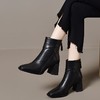 高跟方头短靴女真皮后拉链瘦瘦靴百搭粗跟短筒踝靴加绒高跟时装靴 商品缩略图1