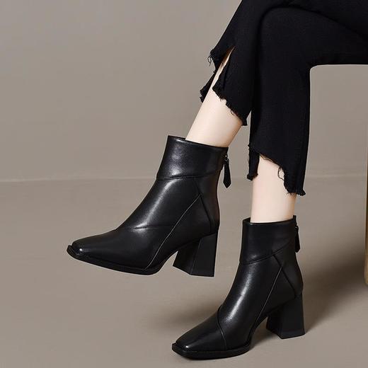 高跟方头短靴女真皮后拉链瘦瘦靴百搭粗跟短筒踝靴加绒高跟时装靴 商品图1