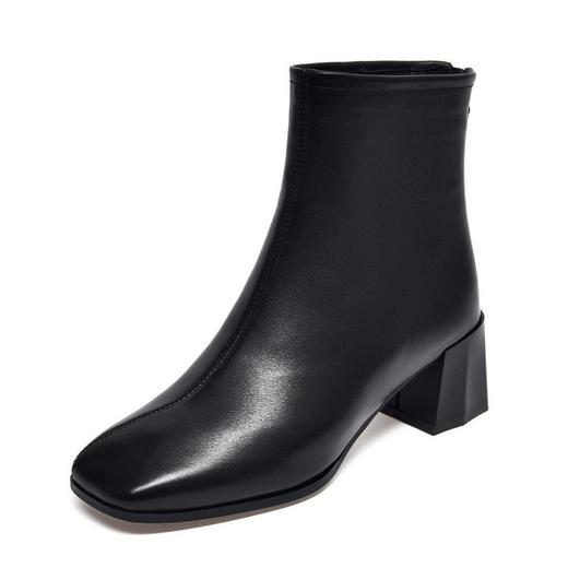 牛皮短靴秋冬新款方头真皮软皮中跟粗跟后拉链杏色短筒女靴 商品图4