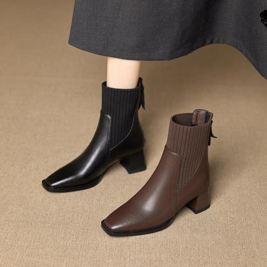 复古靴子女粗跟秋冬新款短筒马丁靴真皮方头高跟短靴时尚瘦瘦靴女 商品图3