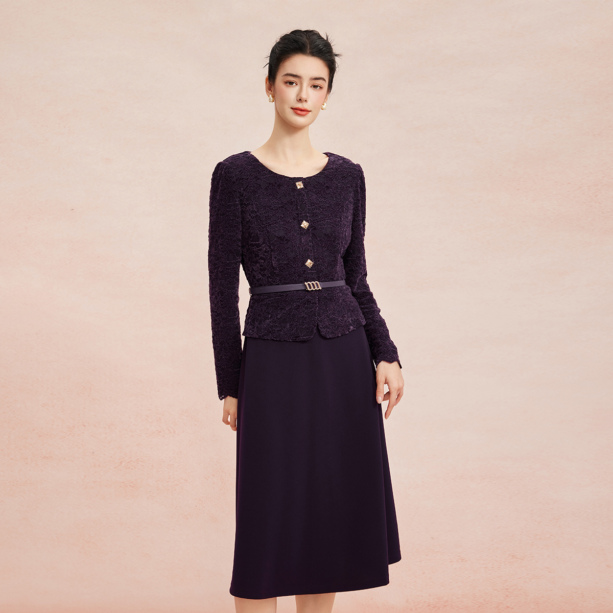 RE809斯尔丽2026春季新款蕾丝类假两件可日常可宴会着装修身显瘦连衣裙