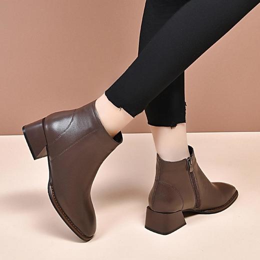 全羊皮尖头短靴女中跟粗跟裸靴春秋单靴冬季女鞋真皮咖啡色侧拉链 商品图1