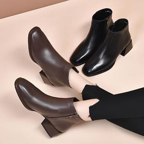 全羊皮尖头短靴女中跟粗跟裸靴春秋单靴冬季女鞋真皮咖啡色侧拉链