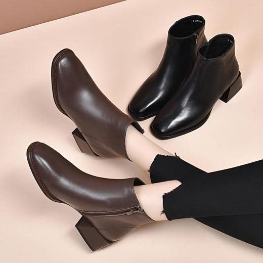 全羊皮尖头短靴女中跟粗跟裸靴春秋单靴冬季女鞋真皮咖啡色侧拉链 商品图0