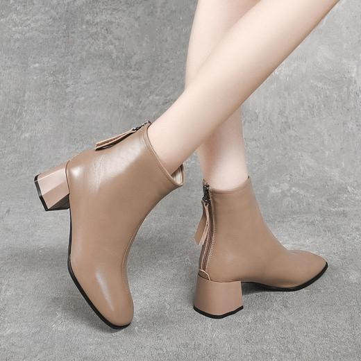 牛皮短靴秋冬新款方头真皮软皮中跟粗跟后拉链杏色短筒女靴 商品图1