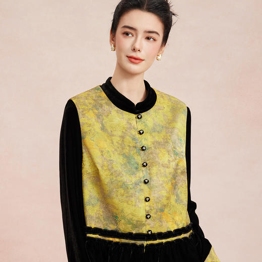 RE803斯尔丽26新款国风金丝绒弹力改良旗袍式连衣裙搭配印花马甲套装 商品图4