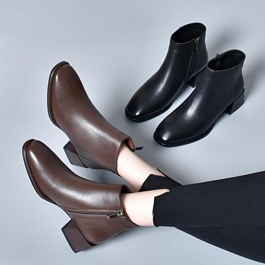 牛皮短靴女方头中跟新款真皮软底软皮春秋单靴粗跟英伦风踝靴 商品图0