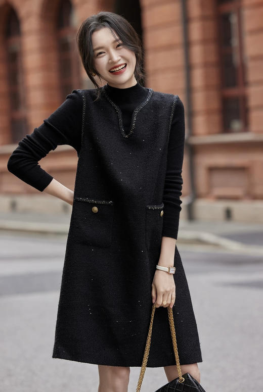 小香风进口粗花呢包金属链背心裙 商品图1