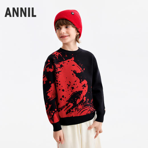 【新年水墨风毛衣】男童骏马奔腾新年红圆领长袖针织衫春季新款安奈儿童装EB614694 商品图1