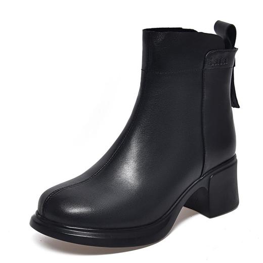 真皮马丁靴女款2024年新款冬季圆头中跟软底流行加绒粗跟女士短靴 商品图4