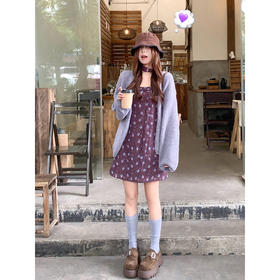 <曾小咸推荐>紫色针织开衫吊带碎花裙子