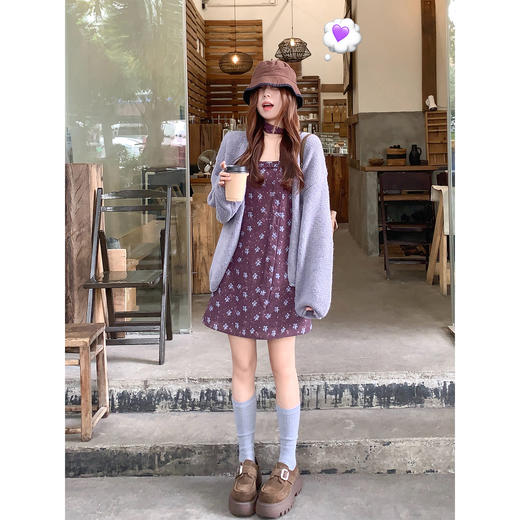 <曾小咸推荐>紫色针织开衫吊带碎花裙子 商品图0