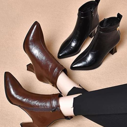 高跟鞋新款秋冬真皮女靴时尚尖头手抓纹短靴女士百搭春秋单靴 商品图1