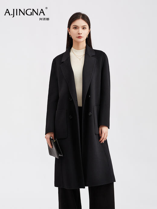【羊毛双面呢】阿菁娜冬季新款复古感大衣双排扣西装领设计羊毛双面呢长款 F29D211026 商品图0