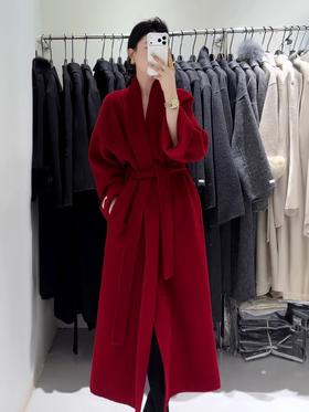 【甄选优质澳洲羊毛❗️双面透气加倍保暖】新年战袍红色中长款呢子大衣女秋冬新款复古韩版宽松系带收腰显瘦毛呢。jc