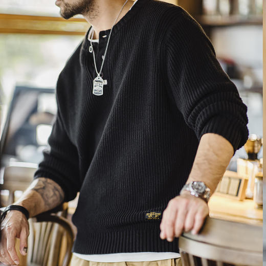 工装优选 美式复古黑色针织亨利衫阿美咔叽竖条纹套头毛衣男秋冬 商品图3