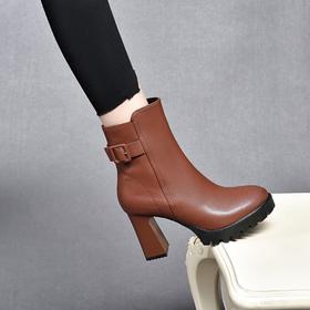 粗跟高跟短靴女2025新款冬季厚底防水台真皮鞋冬款羊毛加绒马丁靴