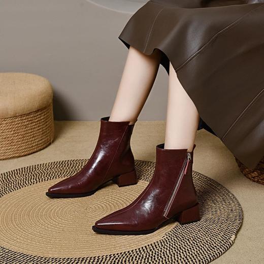 法式尖头堆堆靴女秋冬粗跟气质加绒短靴女士真皮中跟切尔西靴 商品图2