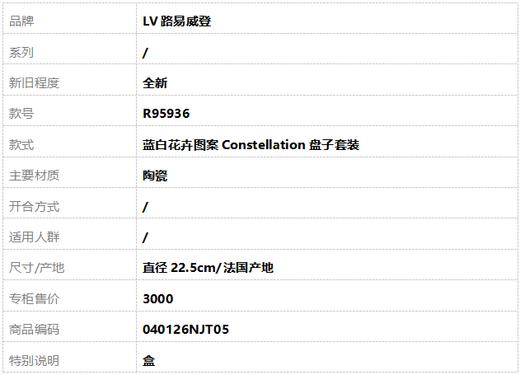 【全新】LV路易威登R95936蓝白花卉图案Constellation盘子套装 040126NJT05 商品图5