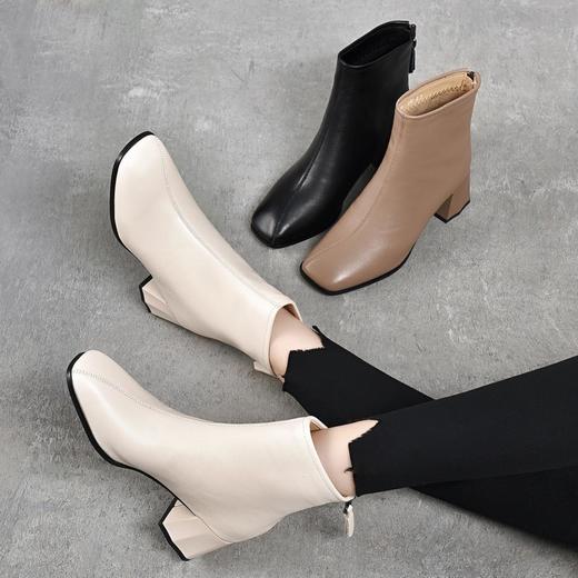 牛皮短靴秋冬新款方头真皮软皮中跟粗跟后拉链杏色短筒女靴 商品图0