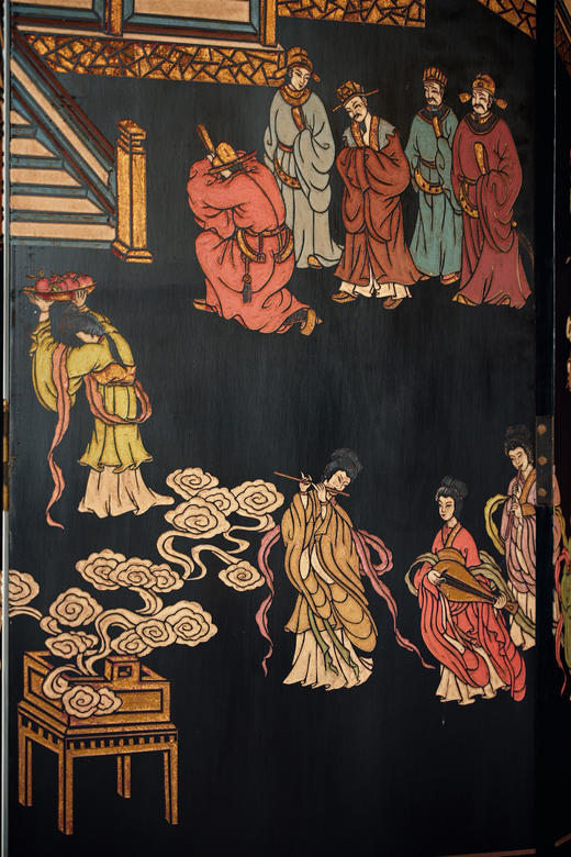 【已售】独角鹿西洋古董20世纪中国出品官邸人物与奇石花鸟主题黑漆地款彩双面八曲屏风 商品图9