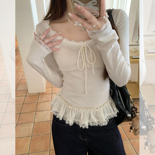西遇掐腰修身长袖T恤女2026年春季新款芭蕾风蕾丝拼接内搭打底衫SS060063 商品图3