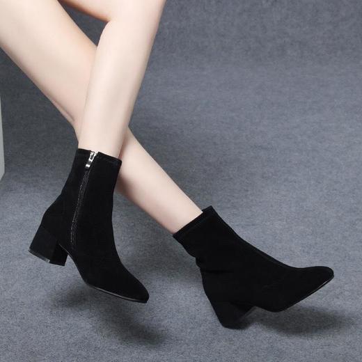 羊皮小短靴女新款秋冬季磨砂皮中跟粗跟女靴绒面真皮马丁靴 商品图3