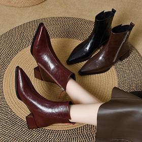 法式尖头堆堆靴女秋冬粗跟气质加绒短靴女士真皮中跟切尔西靴