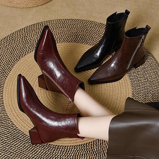 法式尖头堆堆靴女秋冬粗跟气质加绒短靴女士真皮中跟切尔西靴 商品图0