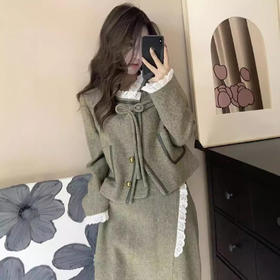 【精致细节工艺❗️经典时尚套装】秋冬新款重磅高贵气质花边拼接上衣外套+半裙小香风盘扣套装。jc