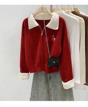 【YW】年后发无忧购新年发财小马刺绣拼羊羔领开衫长袖针织衫8311（2.26开始发货）