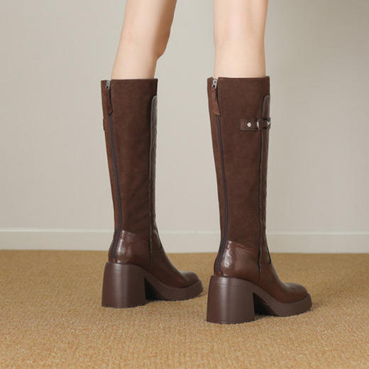 【预售5天】软厚底时装靴真皮圆头骑士靴女棕色百搭粗跟长筒靴CFE&C6500 商品图2