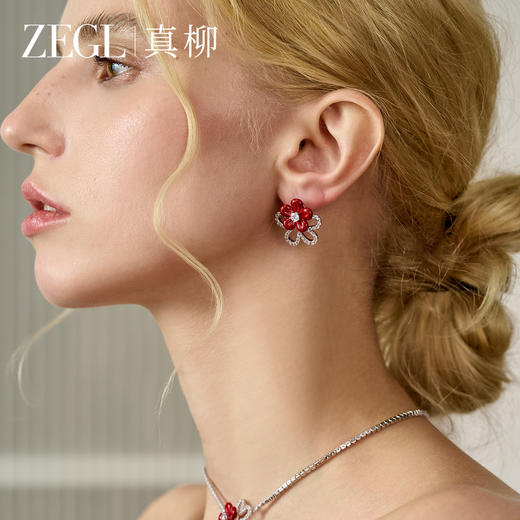 ZEGL日韩安可拉红花瓣耳钉女S925银针气质耳环独特轻奢红色耳饰 商品图0