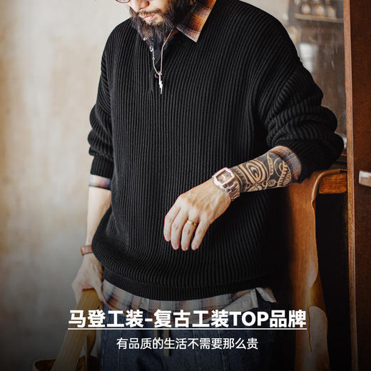 工装优选 美式复古黑色针织亨利衫阿美咔叽竖条纹套头毛衣男秋冬 商品图4