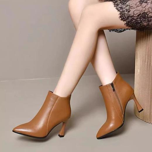 尖头小短靴女中跟软底春秋单靴新款秋冬季真皮踝靴加绒高跟鞋 商品图2