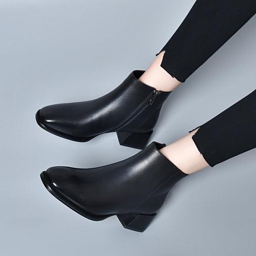 牛皮短靴女方头中跟新款真皮软底软皮春秋单靴粗跟英伦风踝靴 商品图2