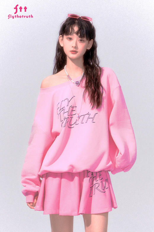 FTT FlyTheTruth  粉黛蔷薇 韩系半露肩卫衣秋季新款辣妹圆领上衣 商品图5