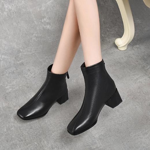 牛皮短靴秋冬新款方头真皮软皮中跟粗跟后拉链杏色短筒女靴 商品图3