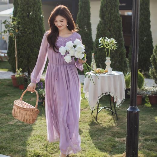 【林栖设计小店】手工绣花|桑蚕丝捏褶钉珠淡紫仙气2026春新款真丝连衣裙1961199 商品图1