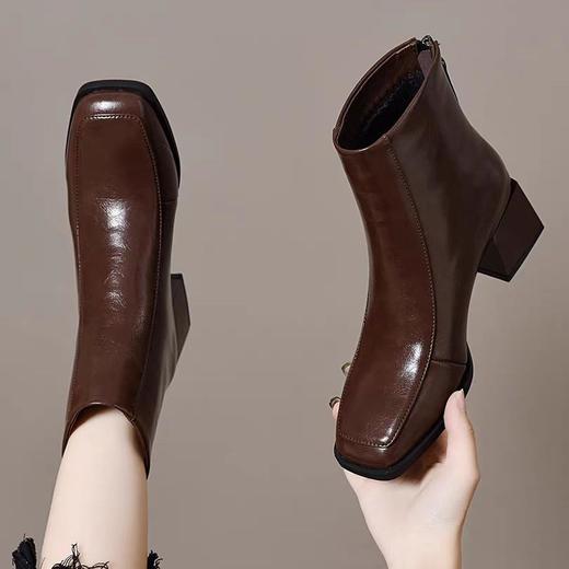 复古粗跟短靴女法式方头中跟显瘦弹力瘦瘦靴英伦风舒适棕色裸靴女 商品图2