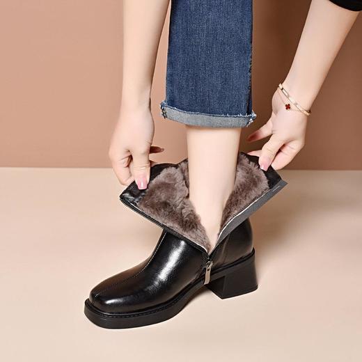 真皮方头粗跟短靴女厚底2024新款秋冬季保暖羊毛马丁靴加绒棉皮鞋 商品图3