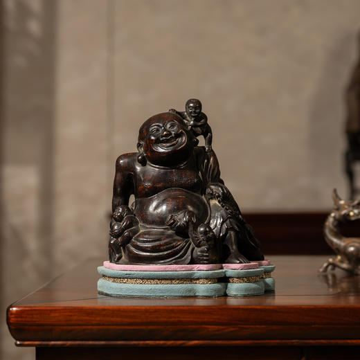 清	紫檀木雕五子登科童子戏弥勒摆件 商品图0