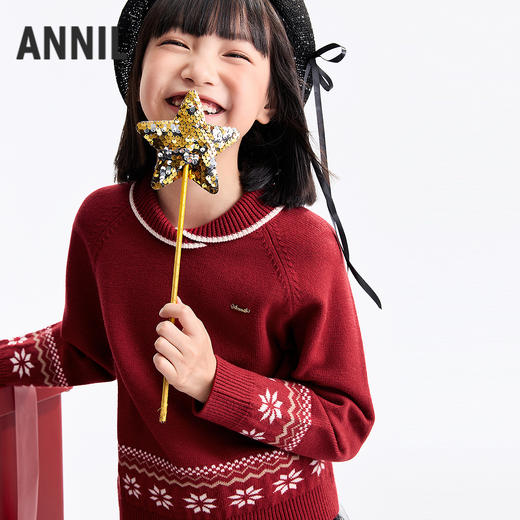 【新潮翻领提花毛衣】女童新年红保暖锁温含羊毛纤维细腻毛衣春季新款安奈儿童装EG614693 商品图2