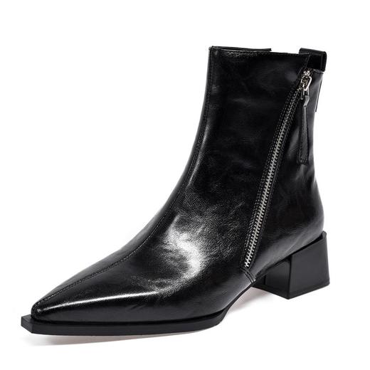 法式尖头堆堆靴女秋冬粗跟气质加绒短靴女士真皮中跟切尔西靴 商品图4