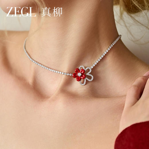 ZEGL红色花朵项链女轻奢小众高级感锆石锁骨链气质颈链秋冬配饰品 商品图3