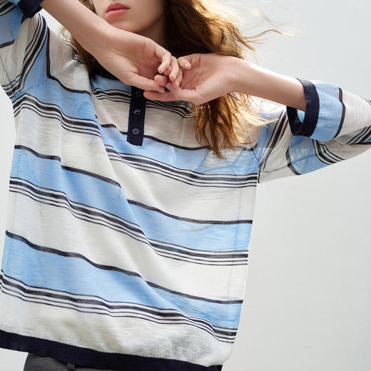 初语竹节麻针织衫女2026春季新款美式运动条纹宽松圆领轻薄上衣 商品图3