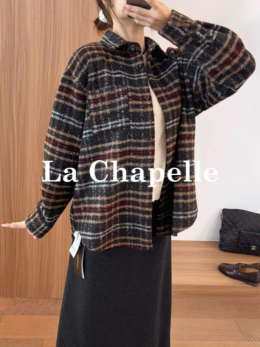 专柜实拍【羊毛加厚衬衣】拉夏贝尔/La Chapelle软糯舒适！宽松时髦格子衬衫单排扣粗花呢短外套 商品图4
