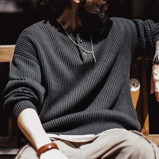 工装优选 美式复古黑色针织亨利衫阿美咔叽竖条纹套头毛衣男秋冬 商品图2