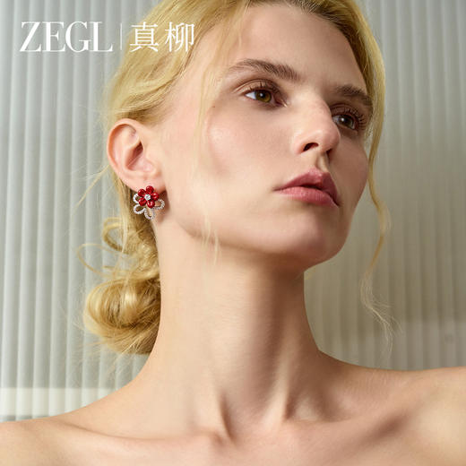ZEGL日韩安可拉红花瓣耳钉女S925银针气质耳环独特轻奢红色耳饰 商品图4