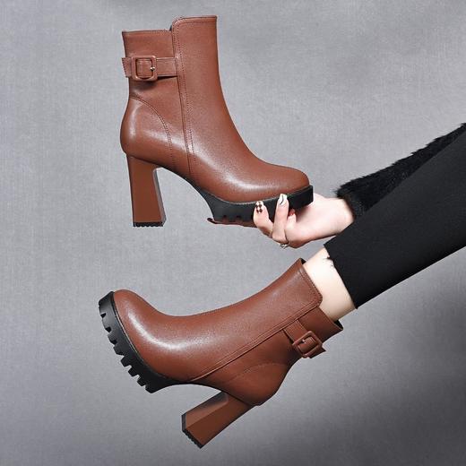 粗跟高跟短靴女2025新款冬季厚底防水台真皮鞋冬款羊毛加绒马丁靴 商品图2